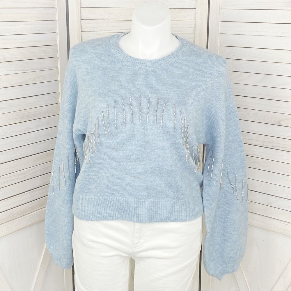 Broadway 38 Anthropologie Rhinestone Fringe Balloon Sleeve Sweater Blue XL